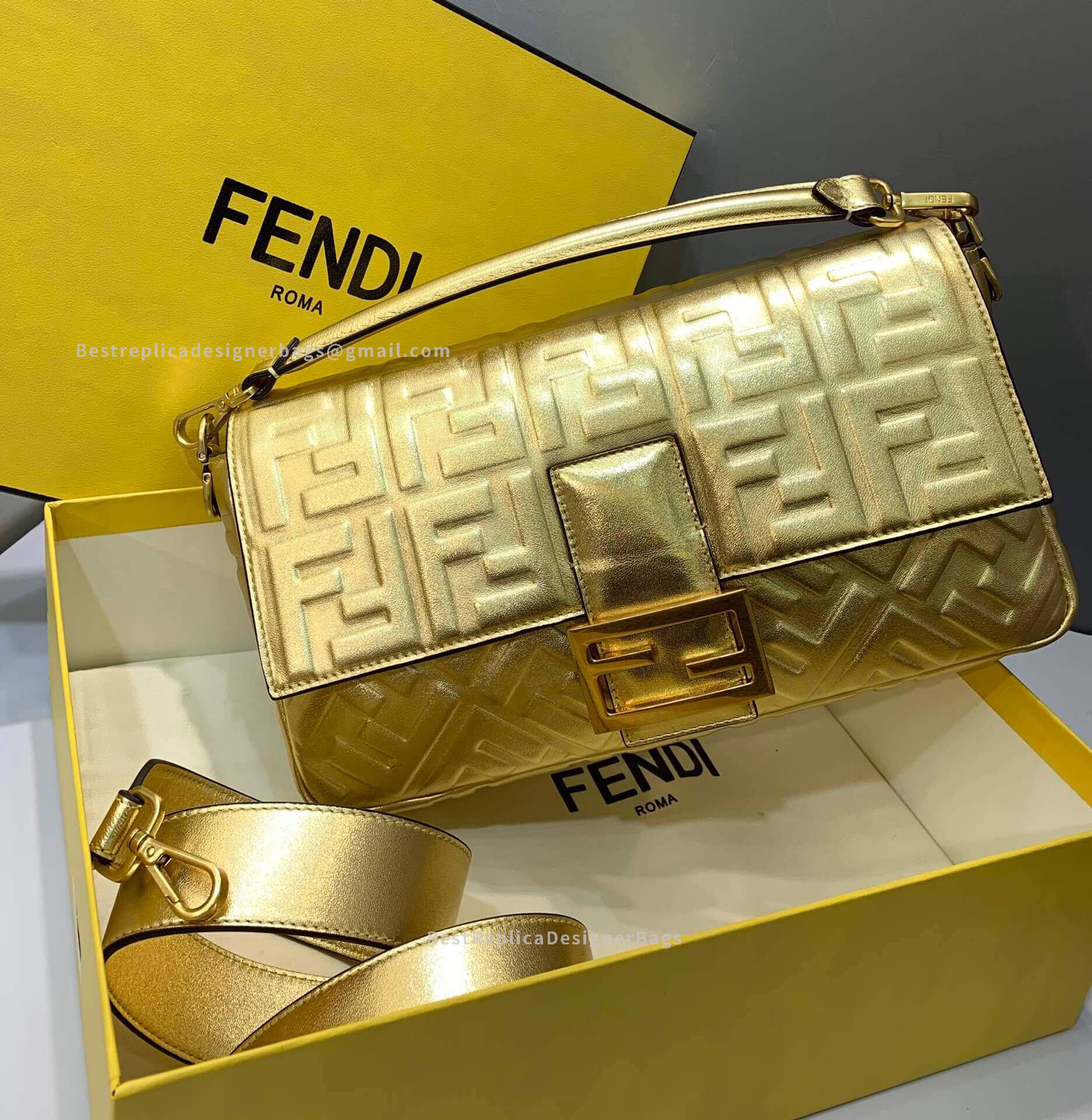 Fendi Baguette Large Gold Sheepskin GHW Bag 0135L